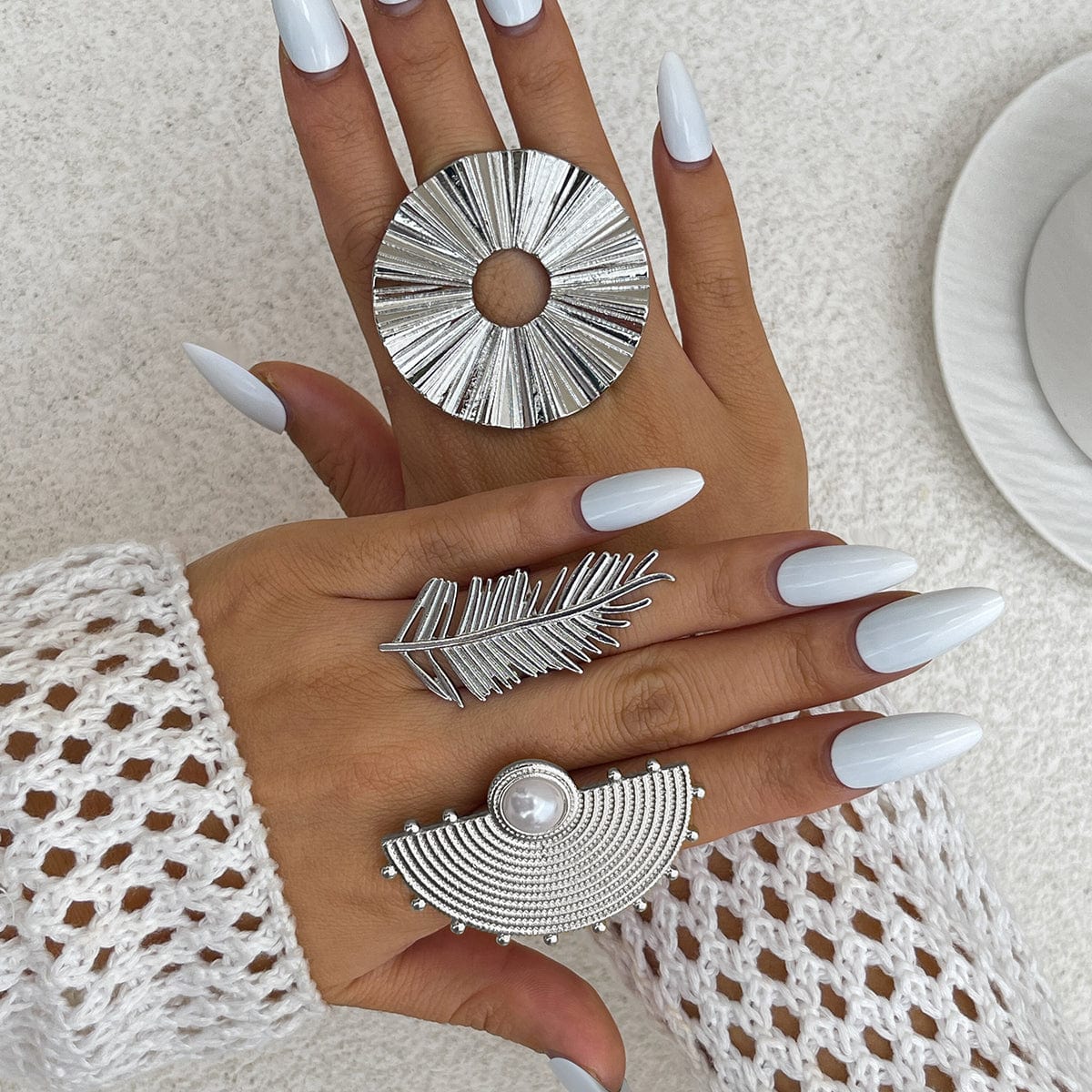 Geometric Abstract Lotus Leaf Feather Pearl Open Ring Set - ArtGalleryZen