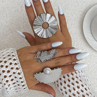 Thumbnail for Geometric Abstract Lotus Leaf Feather Pearl Open Ring Set - ArtGalleryZen