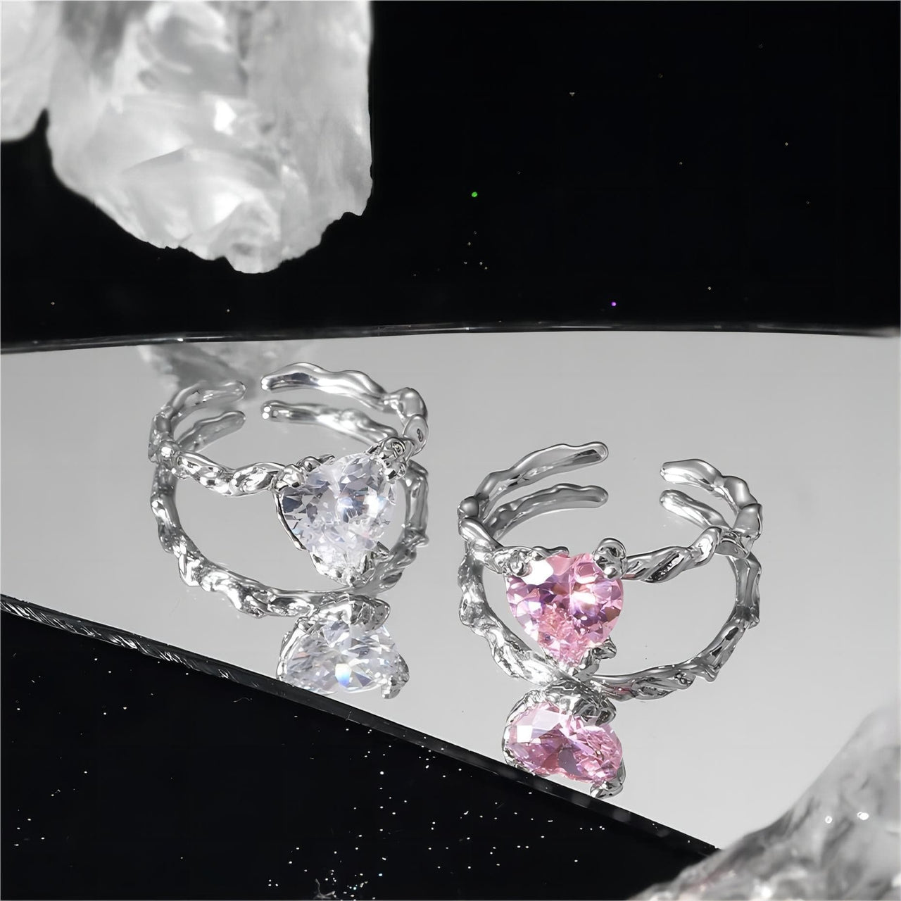 Geometric Adjustable Crystal Heart Ring - ArtGalleryZen