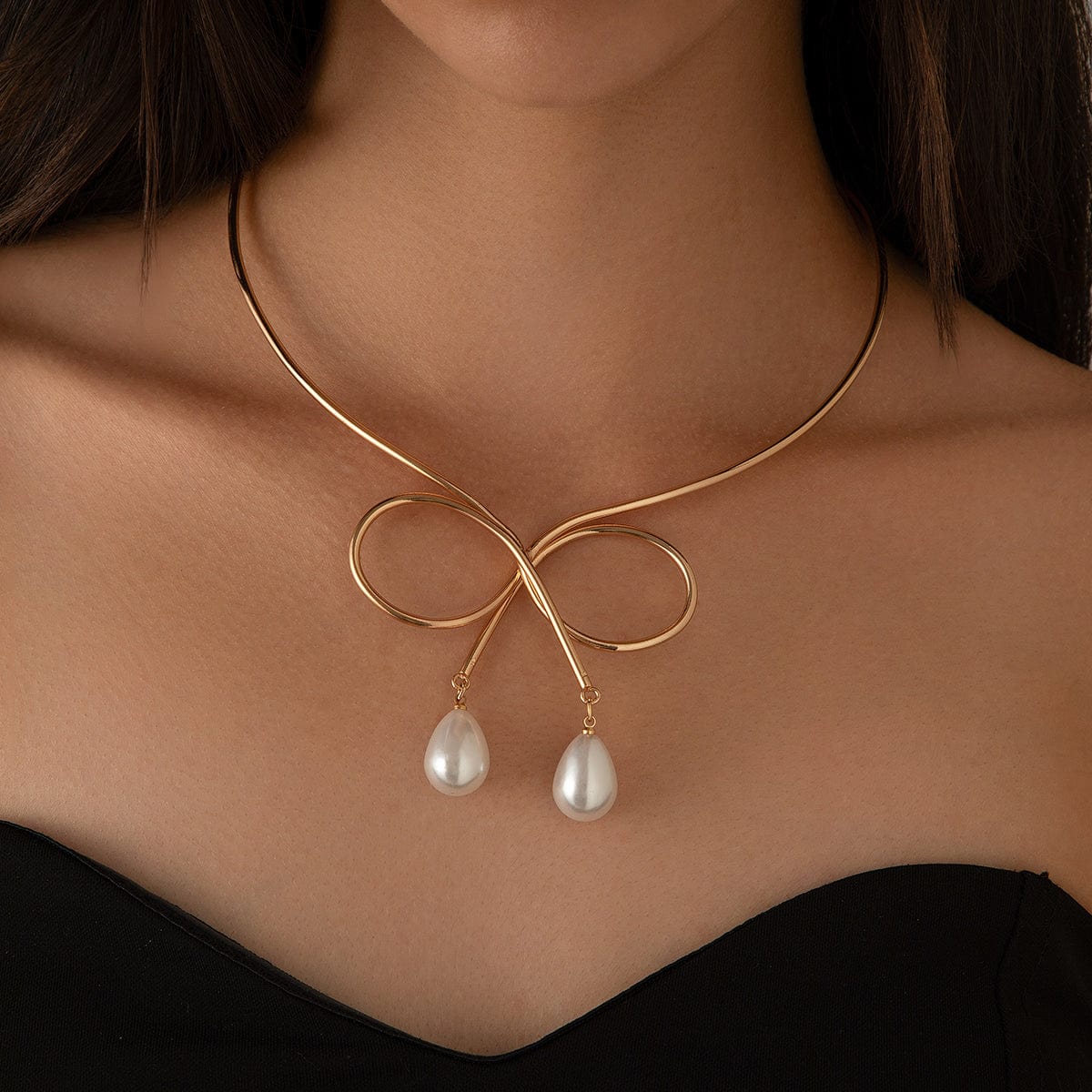 Geometric Bowknot Pearl Pendant Open Collar Necklace