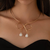 Thumbnail for Geometric Bowknot Pearl Pendant Open Collar Necklace