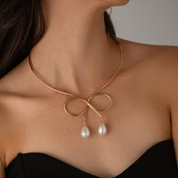 Thumbnail for Geometric Bowknot Pearl Pendant Open Collar Necklace