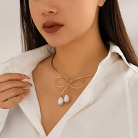 Thumbnail for Geometric Bowknot Pearl Pendant Open Collar Necklace