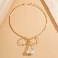 Thumbnail for Geometric Bowknot Pearl Pendant Open Collar Necklace