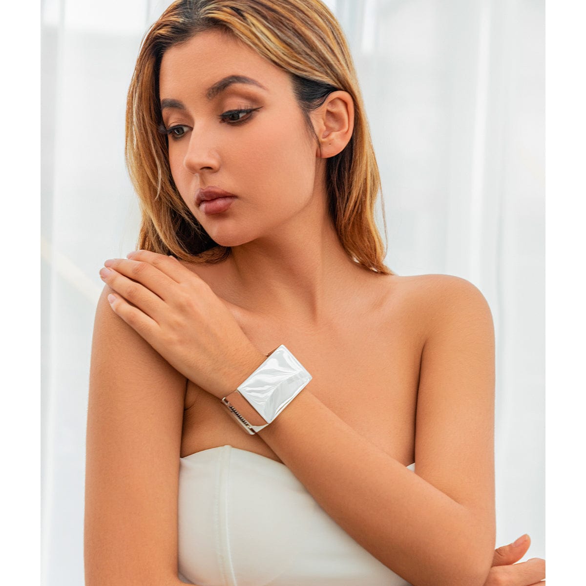 Geometric Chunky D Shaped Wide Cuff Bangle Bracelet - ArtGalleryZen