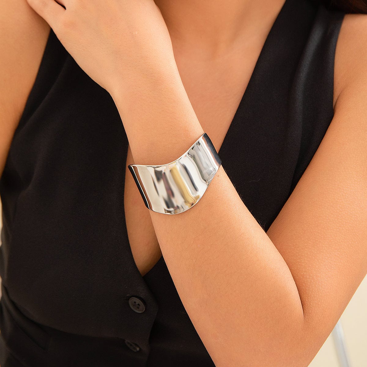 Geometric Chunky Glossy Wide Cuff Bangle Bracelet - ArtGalleryZen