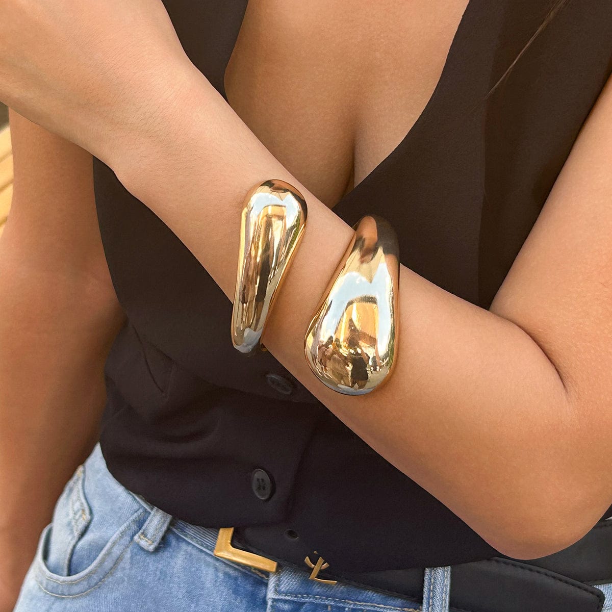 Geometric Chunky Gold Silver Plated Glossy Open Bangle Bracelet - ArtGalleryZen