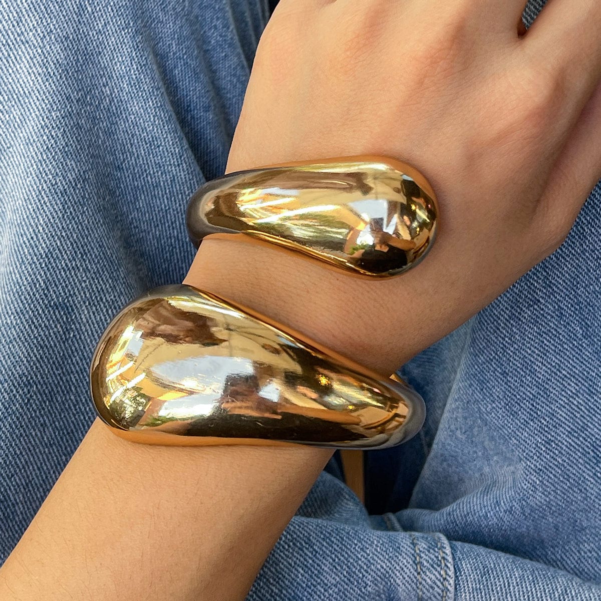 Geometric Chunky Gold Silver Plated Glossy Open Bangle Bracelet - ArtGalleryZen