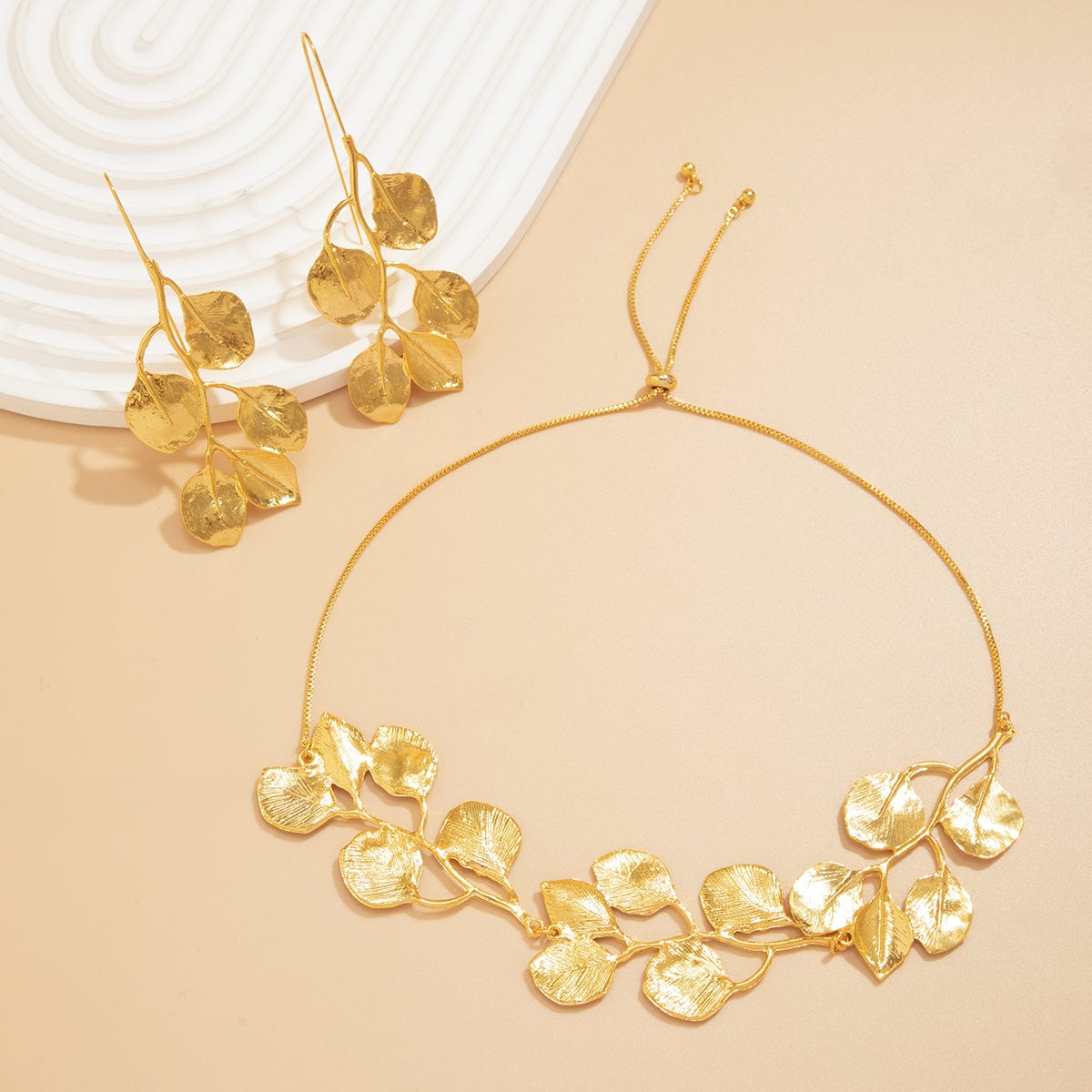 Geometric Chunky Gold Silver Plated Leaf Necklace Earrings Set