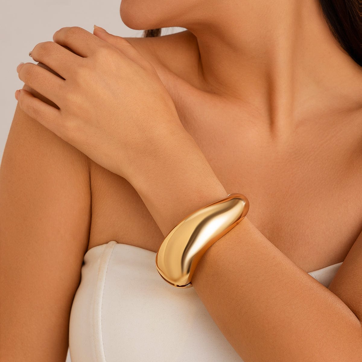 Geometric Chunky Gold Silver Tone Curved Wide Cuff Bangle Bracelet - ArtGalleryZen