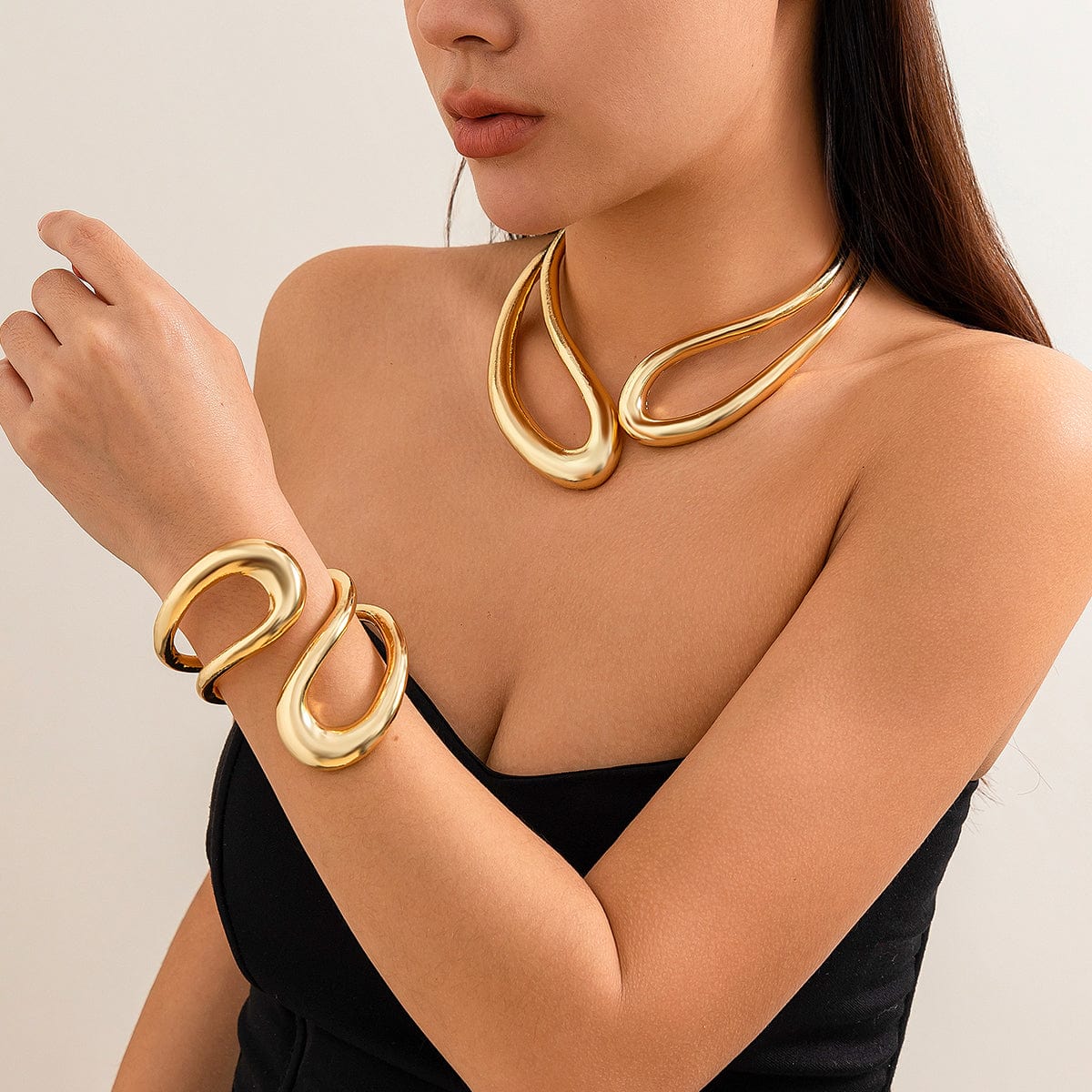 Geometric Chunky Gold Silver Tone Irregular Hoop Choker Necklace - ArtGalleryZen