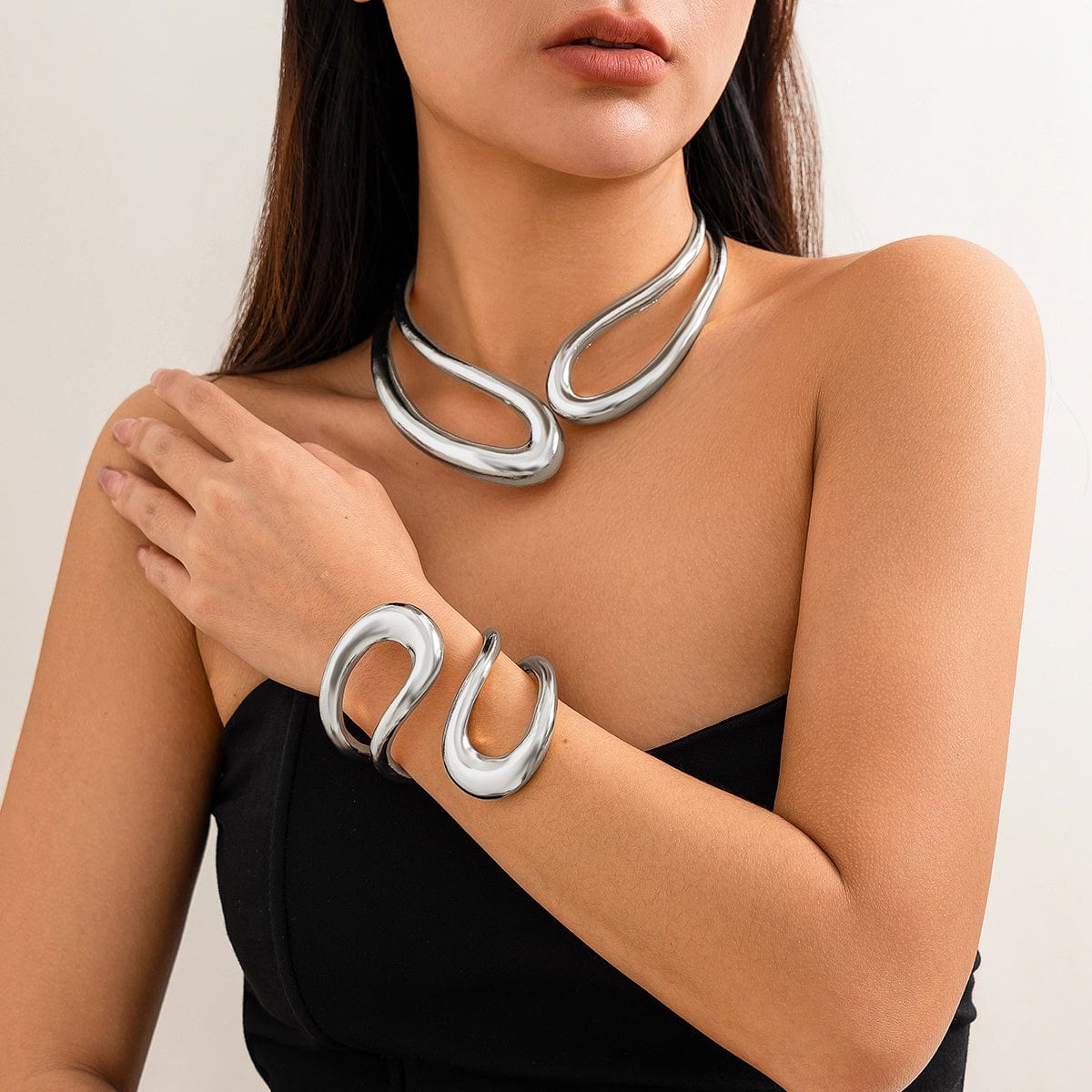 Geometric Chunky Gold Silver Tone Irregular Hoop Choker Necklace - ArtGalleryZen