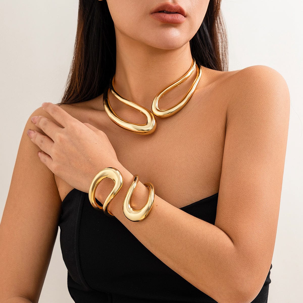Geometric Chunky Gold Silver Tone Irregular Hoop Choker Necklace - ArtGalleryZen