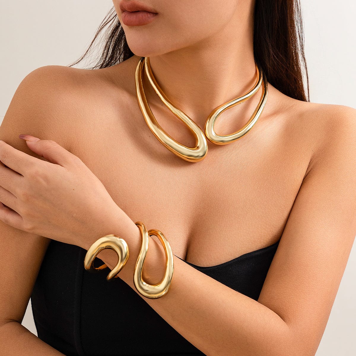 Geometric Chunky Gold Silver Tone Irregular Hoop Choker Necklace