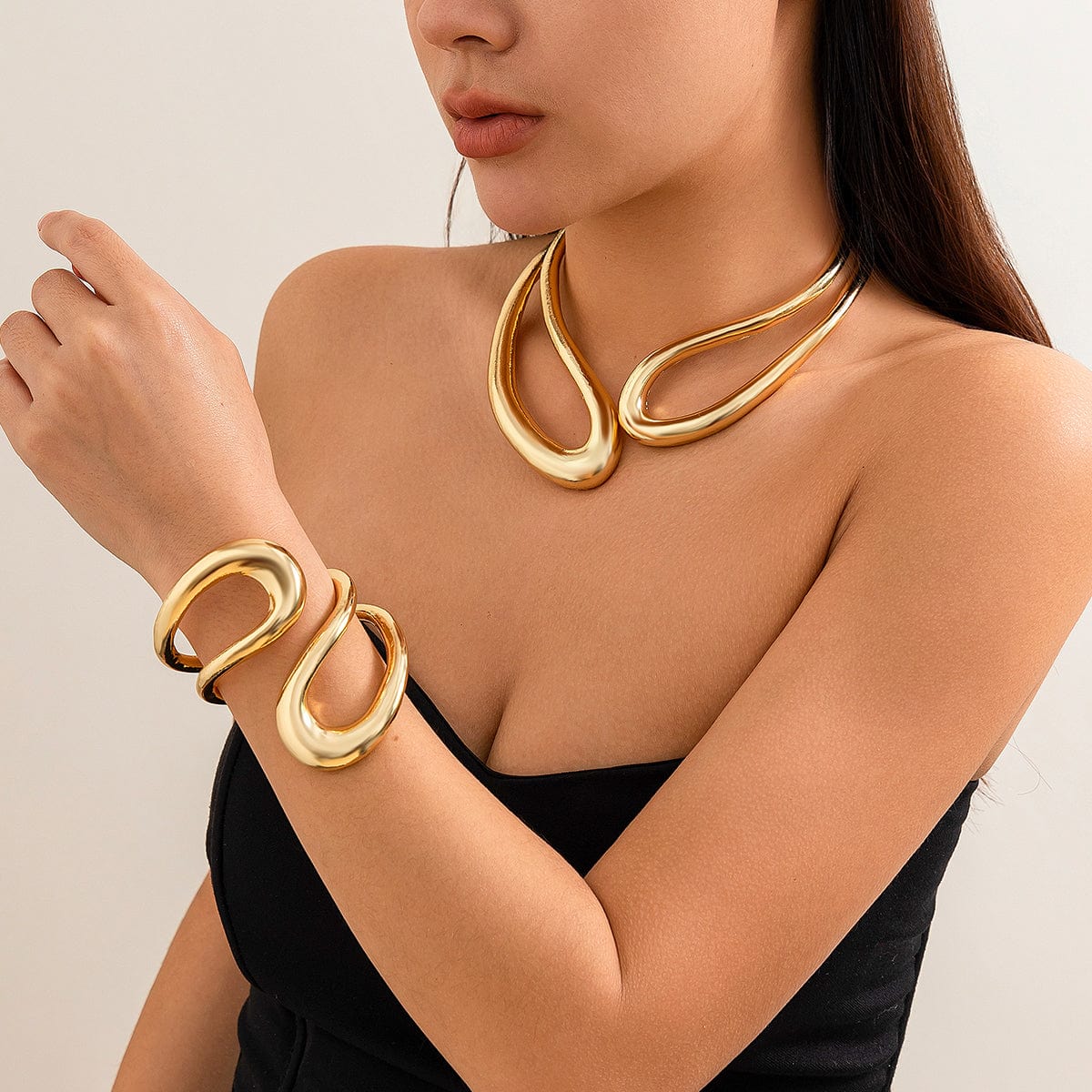 Geometric Chunky Gold Silver Tone Irregular Hoop Choker Necklace