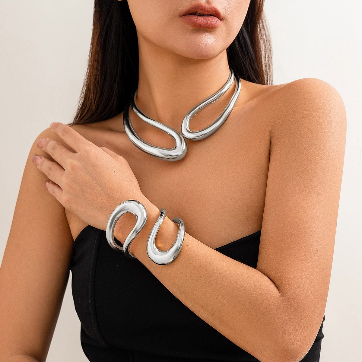 Geometric Chunky Gold Silver Tone Irregular Hoop Choker Necklace