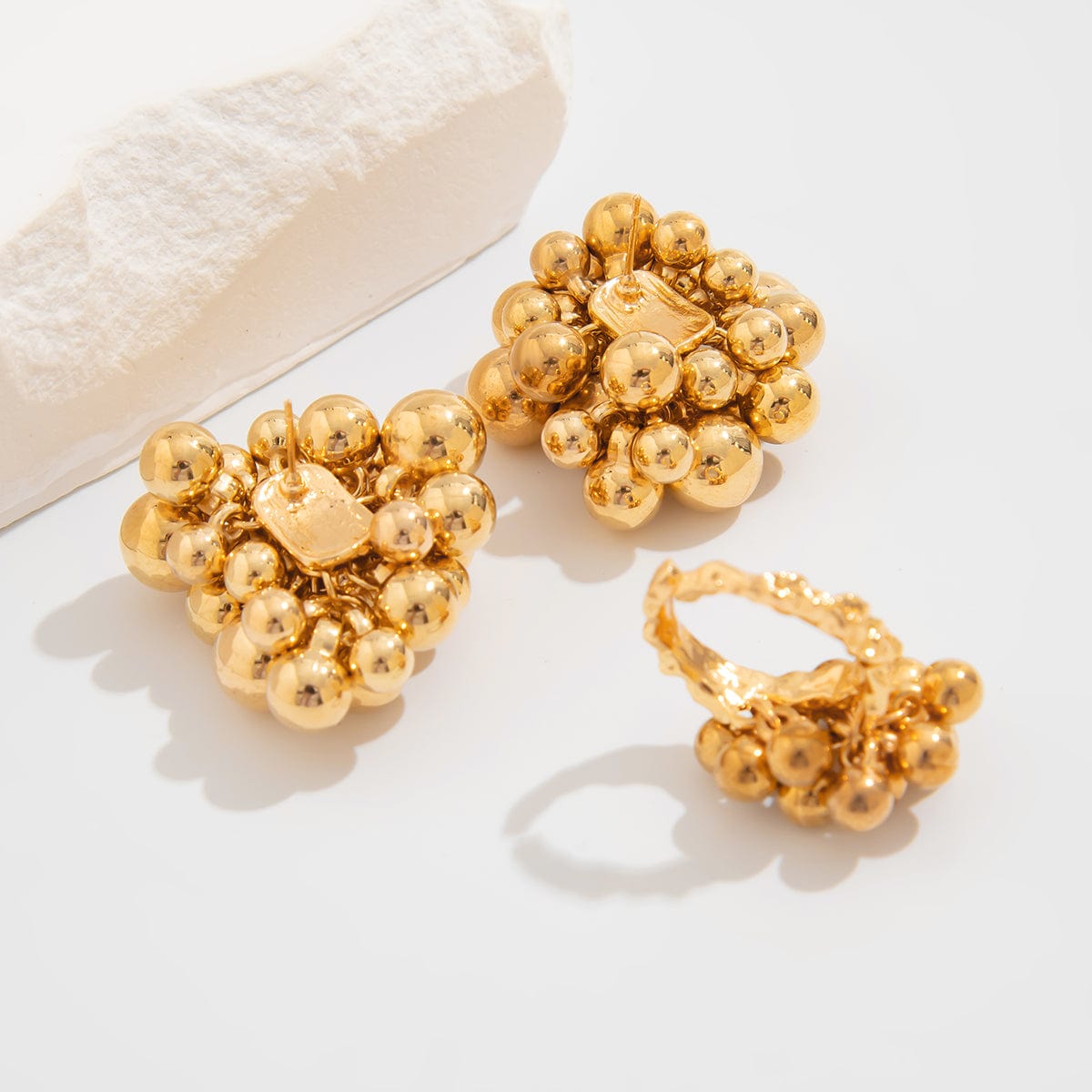 Geometric Chunky Irregular Beads Earrings Ring Set - ArtGalleryZen