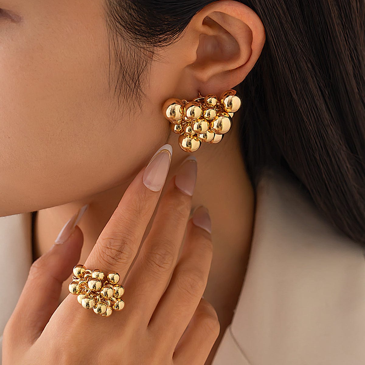 Geometric Chunky Irregular Beads Earrings Ring Set - ArtGalleryZen