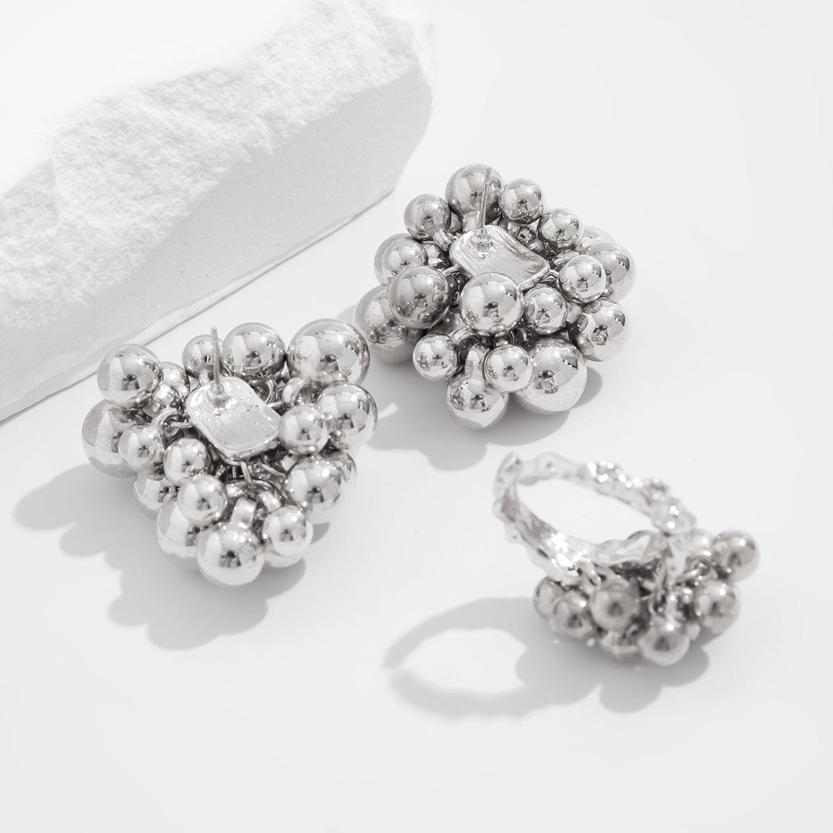 Geometric Chunky Irregular Beads Earrings Ring Set - ArtGalleryZen