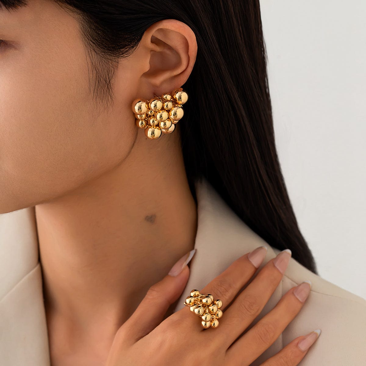 Geometric Chunky Irregular Beads Earrings Ring Set - ArtGalleryZen