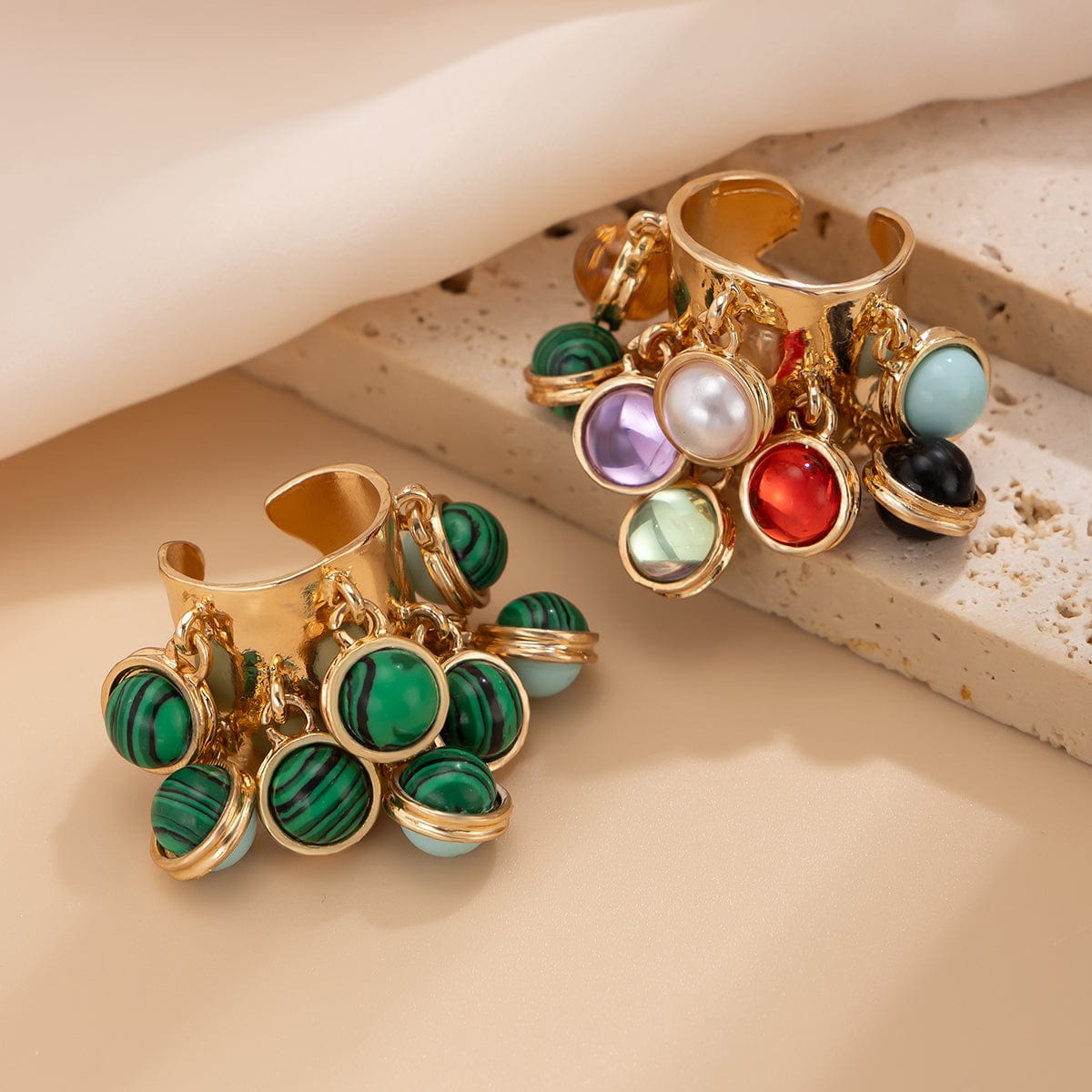 Geometric Chunky Malachite Crystal Pearl Inlaid Tassel Open Ring - ArtGalleryZen