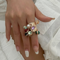 Thumbnail for Geometric Chunky Malachite Crystal Pearl Inlaid Tassel Open Ring