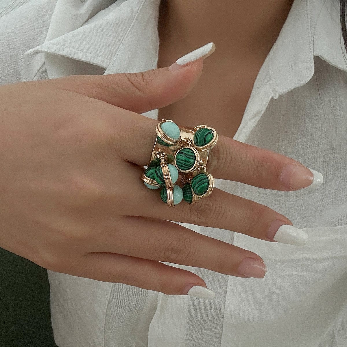 Geometric Chunky Malachite Crystal Pearl Inlaid Tassel Open Ring