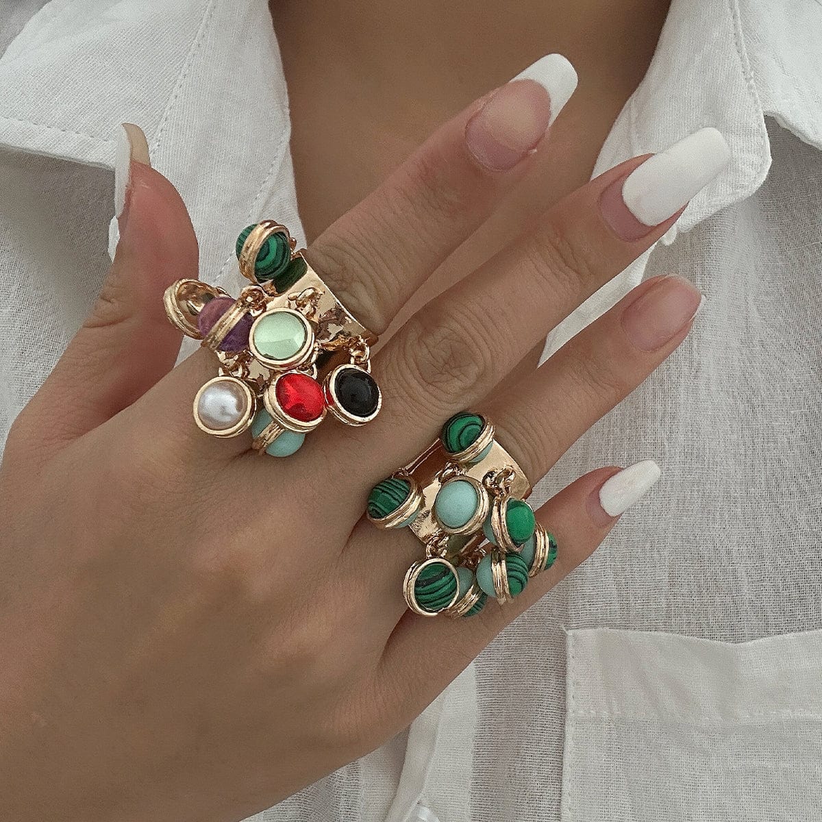 Geometric Chunky Malachite Crystal Pearl Inlaid Tassel Open Ring