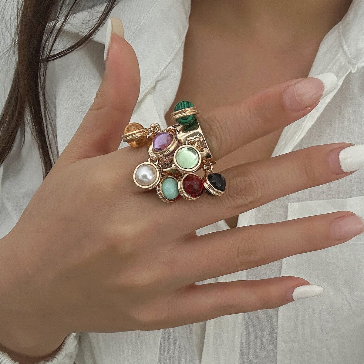 Geometric Chunky Malachite Crystal Pearl Inlaid Tassel Open Ring