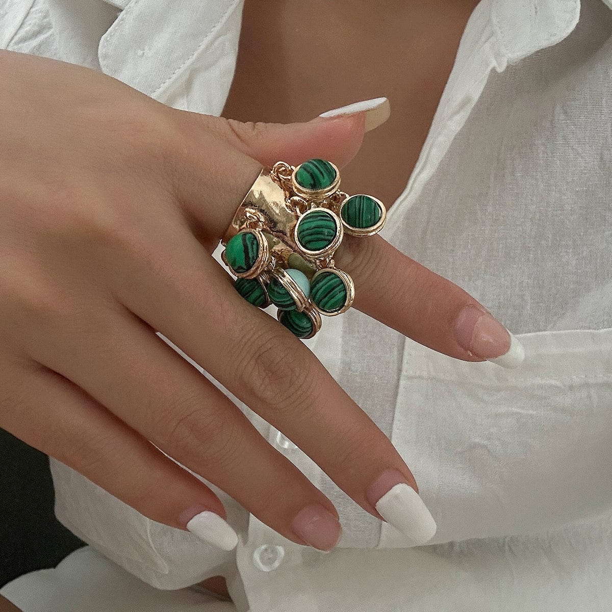 Geometric Chunky Malachite Crystal Pearl Inlaid Tassel Open Ring