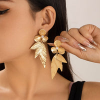 Thumbnail for Geometric Chunky Pearl Floral Dangling Leaf Earrings