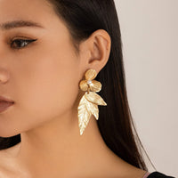 Thumbnail for Geometric Chunky Pearl Floral Dangling Leaf Earrings