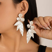 Thumbnail for Geometric Chunky Pearl Floral Dangling Leaf Earrings