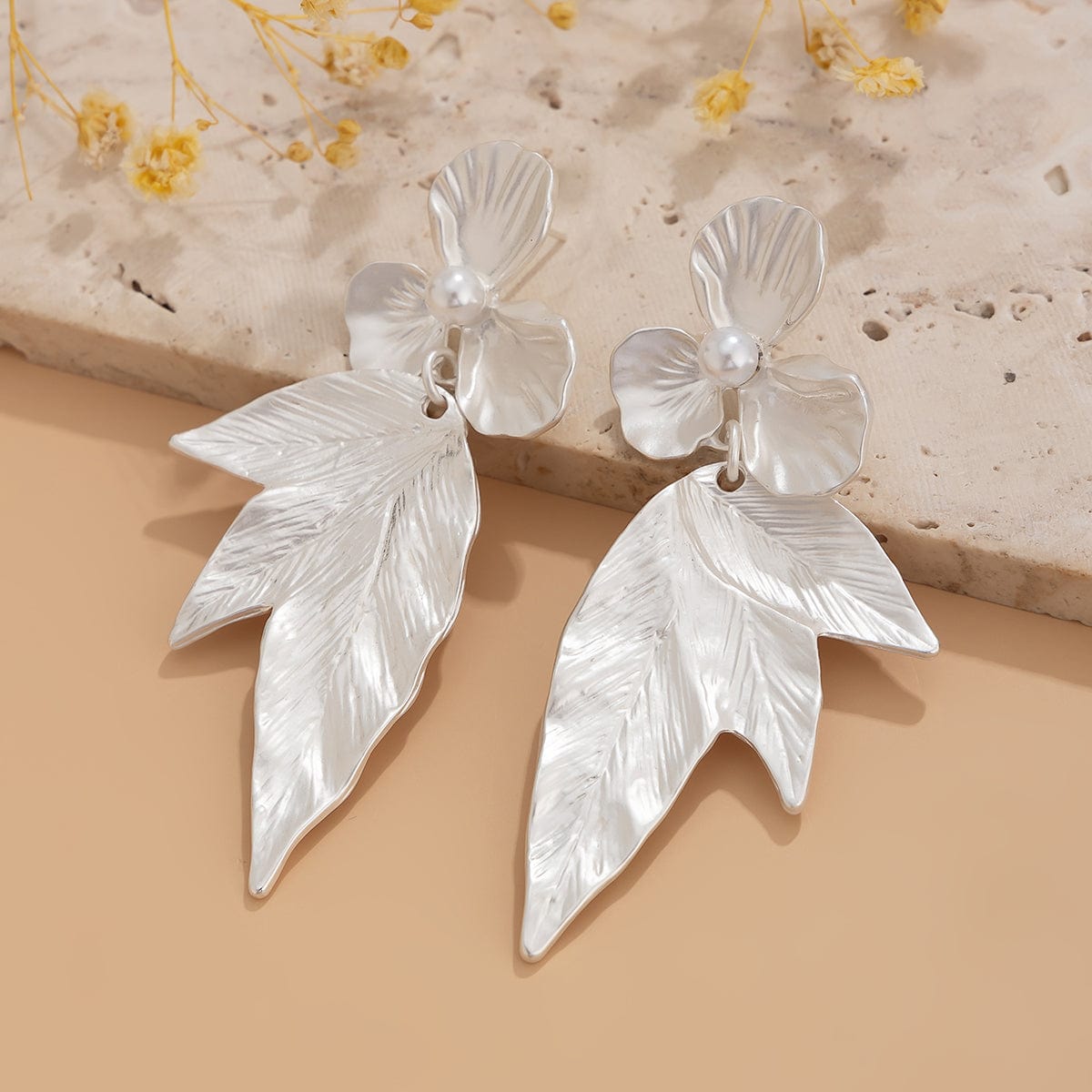 Geometric Chunky Pearl Floral Dangling Leaf Earrings