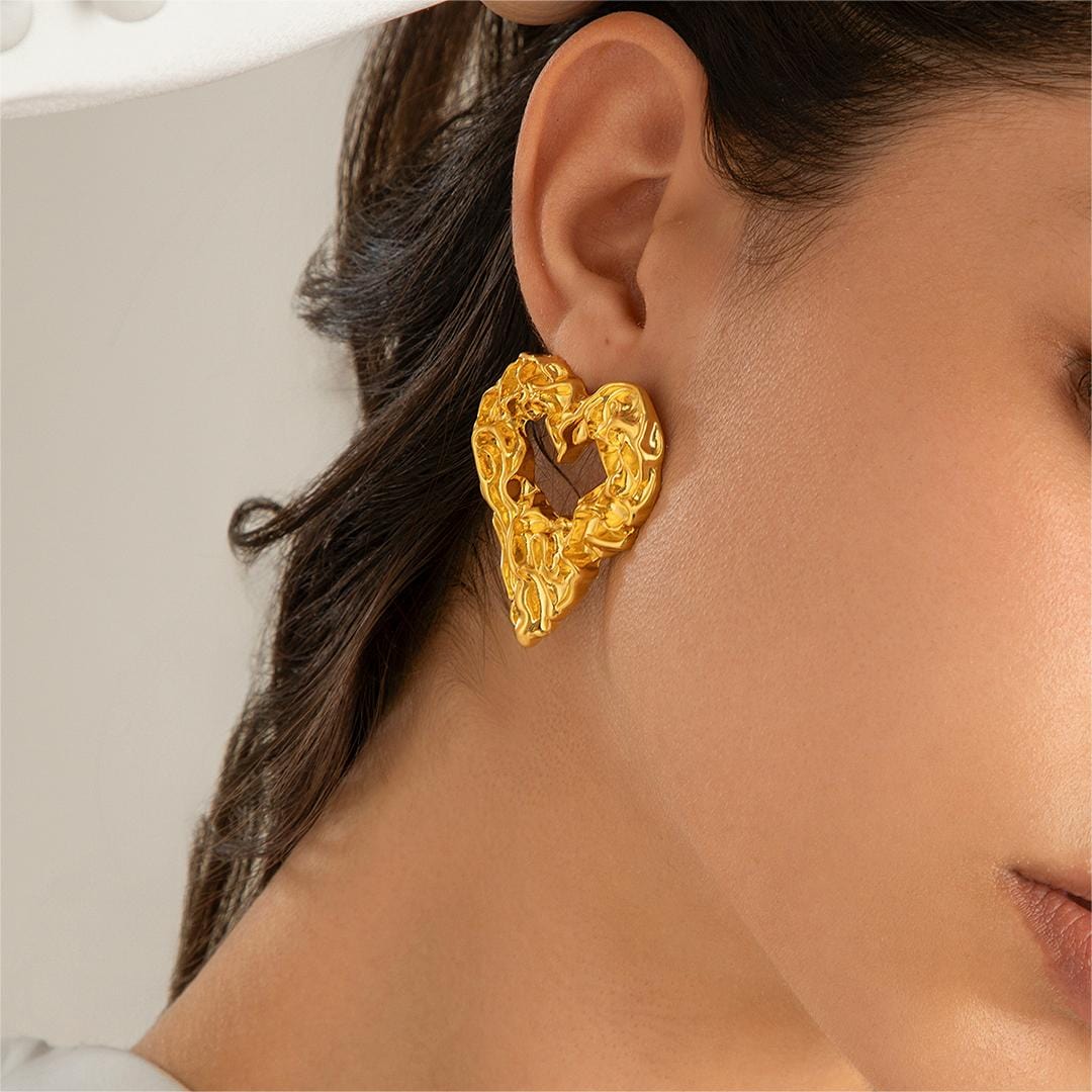 Geometric Chunky Textured Hollow Heart Earrings - ArtGalleryZen