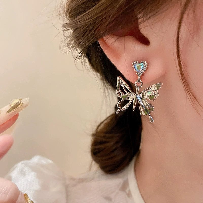 Geometric Crystal Inlaid Dangling Butterfly Earrings - ArtGalleryZen