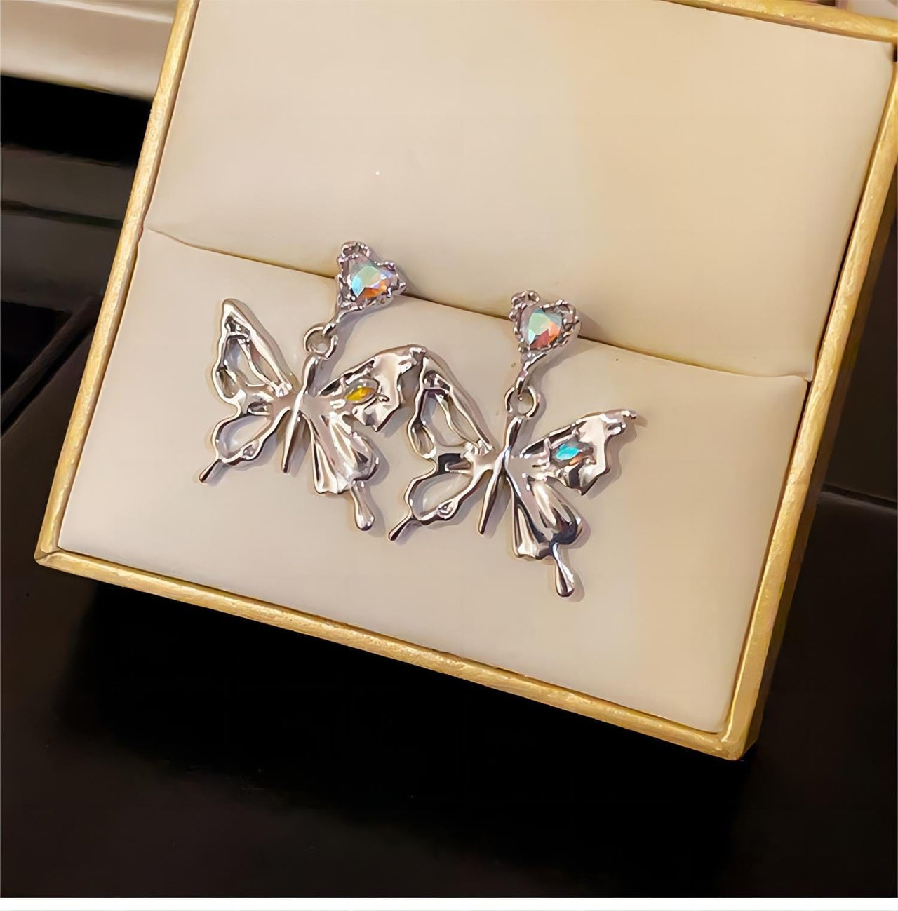 Geometric Crystal Inlaid Dangling Butterfly Earrings - ArtGalleryZen