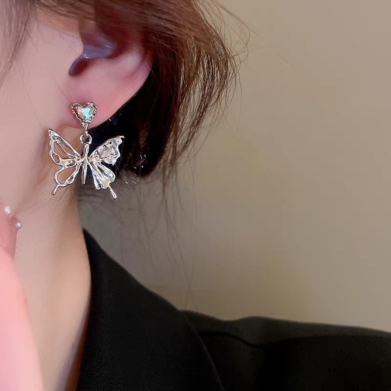 Geometric Crystal Inlaid Dangling Butterfly Earrings - ArtGalleryZen