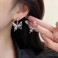 Thumbnail for Geometric Crystal Inlaid Dangling Butterfly Earrings - ArtGalleryZen