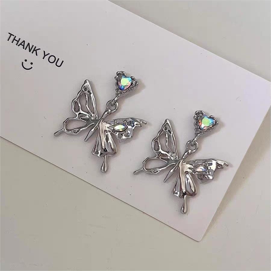 Geometric Crystal Inlaid Dangling Butterfly Earrings - ArtGalleryZen