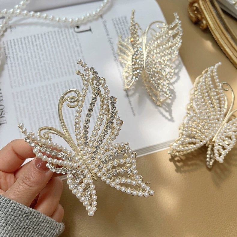Geometric Crystal Pearl Inlaid Butterfly Chignon Claw Clip Hair Clip - ArtGalleryZen