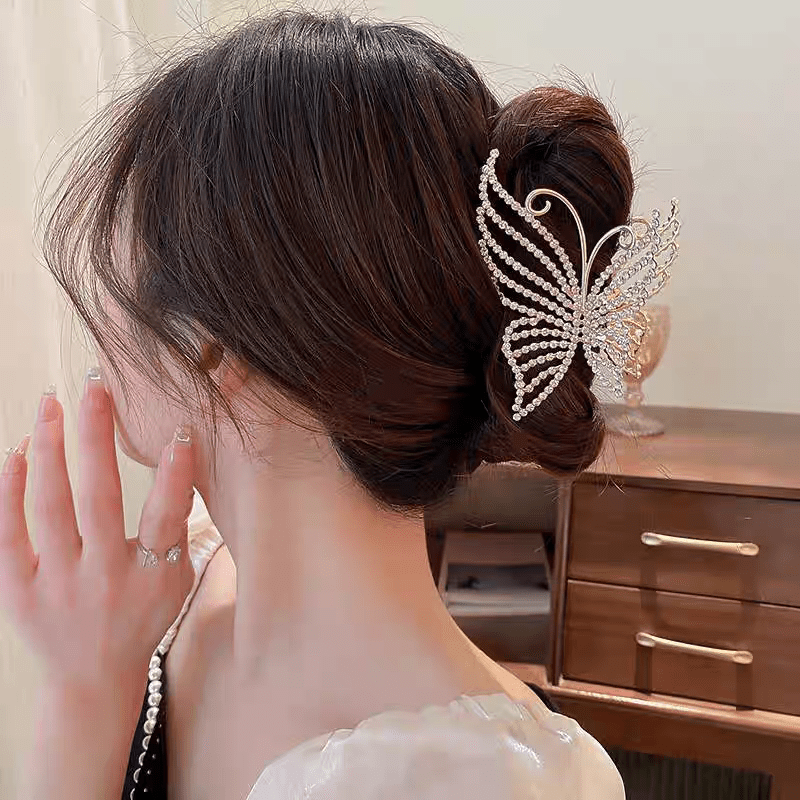 Geometric Crystal Pearl Inlaid Butterfly Chignon Claw Clip Hair Clip - ArtGalleryZen