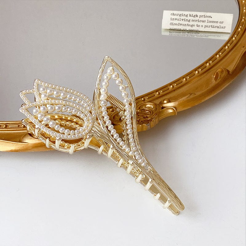 Geometric Crystal Pearl Inlaid Tulip Chignon Claw Clip Hair Clip - ArtGalleryZen