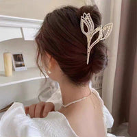Thumbnail for Geometric Crystal Pearl Inlaid Tulip Chignon Claw Clip Hair Clip - ArtGalleryZen