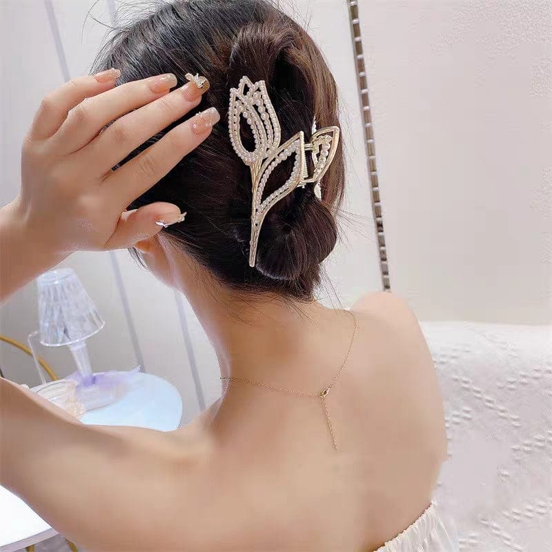 Geometric Crystal Pearl Inlaid Tulip Chignon Claw Clip Hair Clip - ArtGalleryZen