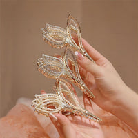Thumbnail for Geometric Crystal Pearl Inlaid Tulip Chignon Claw Clip Hair Clip - ArtGalleryZen