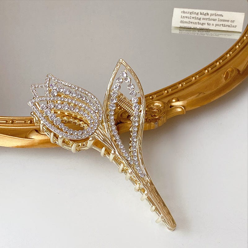 Geometric Crystal Pearl Inlaid Tulip Chignon Claw Clip Hair Clip - ArtGalleryZen