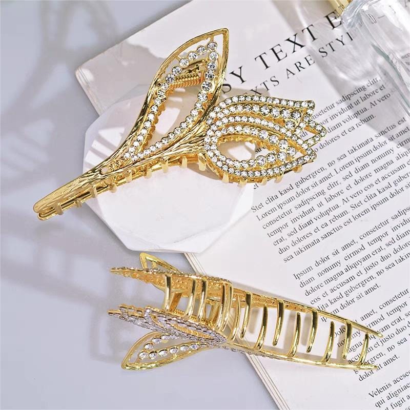 Geometric Crystal Pearl Inlaid Tulip Chignon Claw Clip Hair Clip - ArtGalleryZen