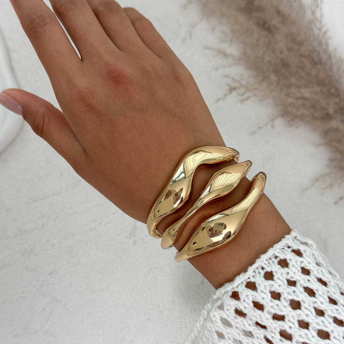 Geometric Curved Hollow Wide Cuff Bangle Bracelet - ArtGalleryZen