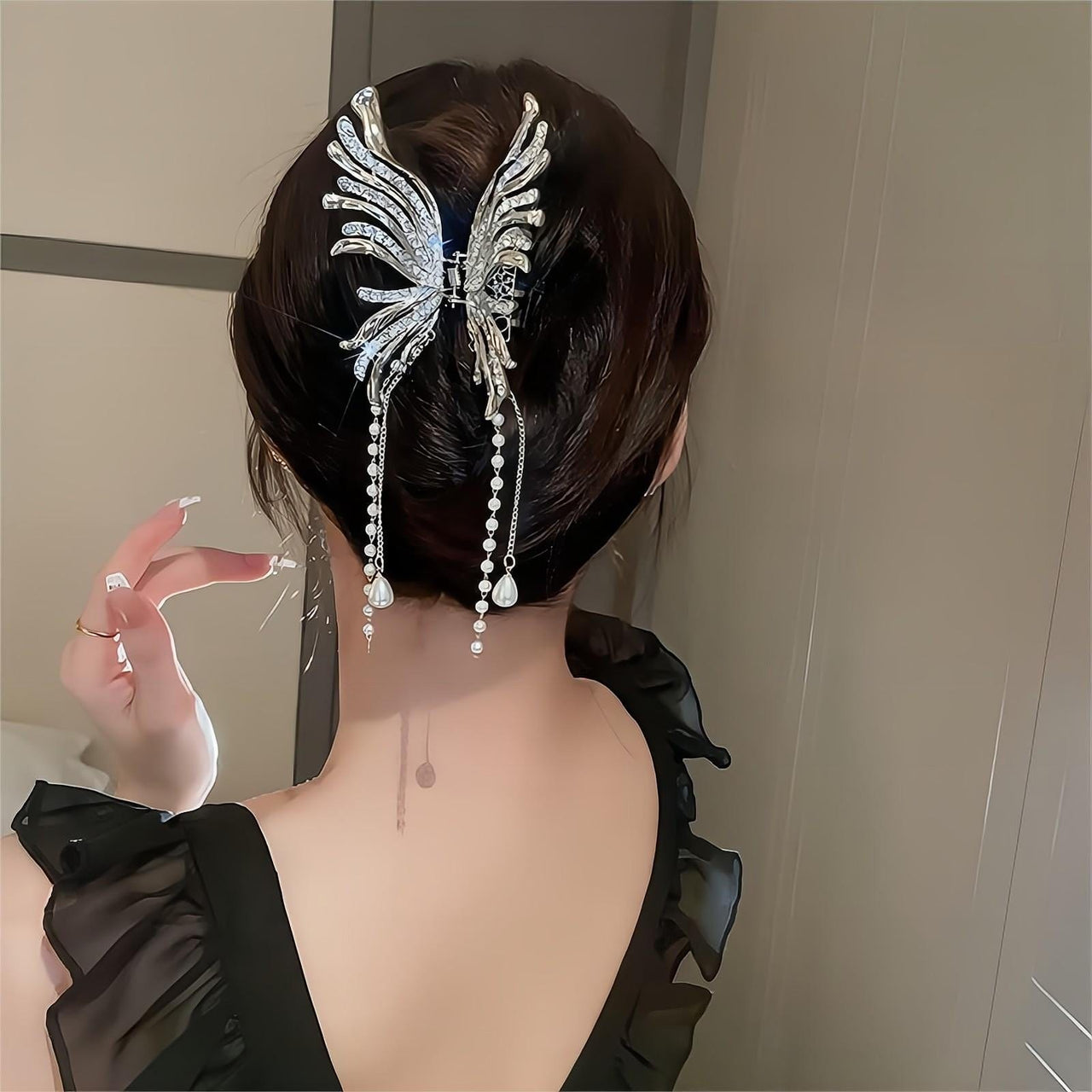 Geometric CZ Inlaid Pearl Chain Tassel Butterfly Chignon Claw Clip Hair Clip - ArtGalleryZen